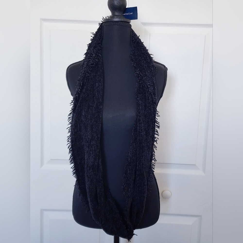 NEW Charter Club Chenille Black Loop Infinity Scarf With Fringe, One Size